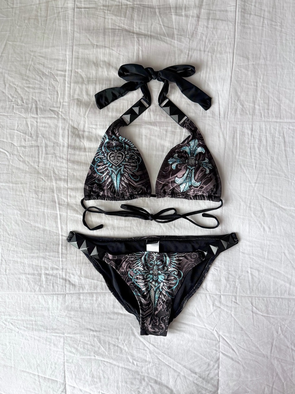 Sinful Affliction “Love Spike” Black & Blue Rhinestone Bikini Set (Size M)
